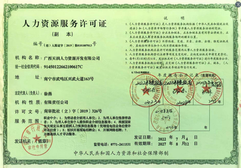 天润公司人力资源服务许可证