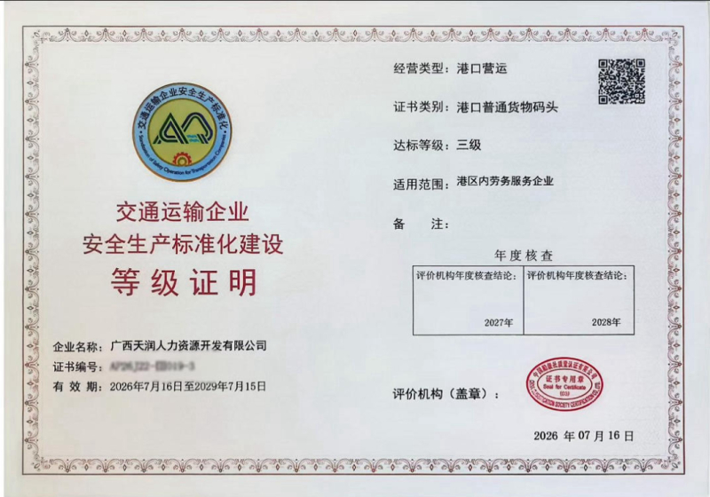 安全标准化登记证书
